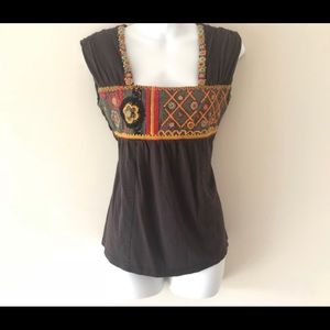 anthropologie brown embroidered top